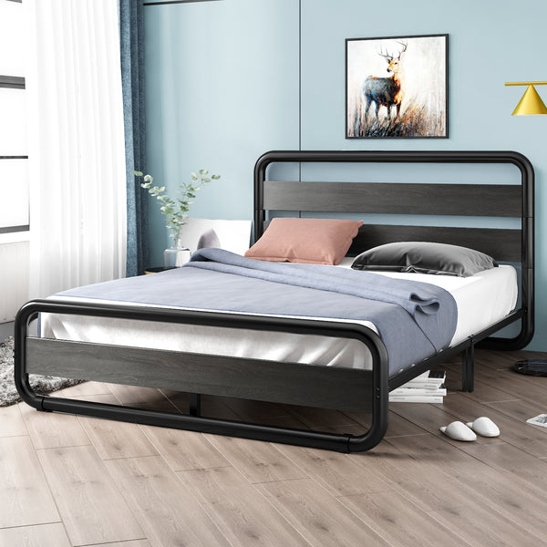 Metal Bed Frame with Wooden Headboard & Footboard,