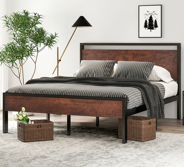 Metal Platform Bed Frame with Wooden Headboard and Footboard