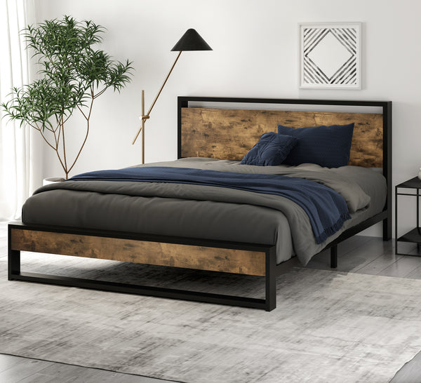 Metal Bed Frame with Wooden Industrial Headboard, Noise Free Design