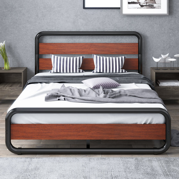 Metal Bed Frame with Wooden Headboard & Footboard,