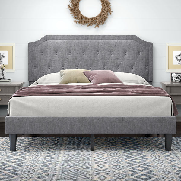 Upholstered Bed, Platform Bed with Curved Rhombic Button Tufted Headboard