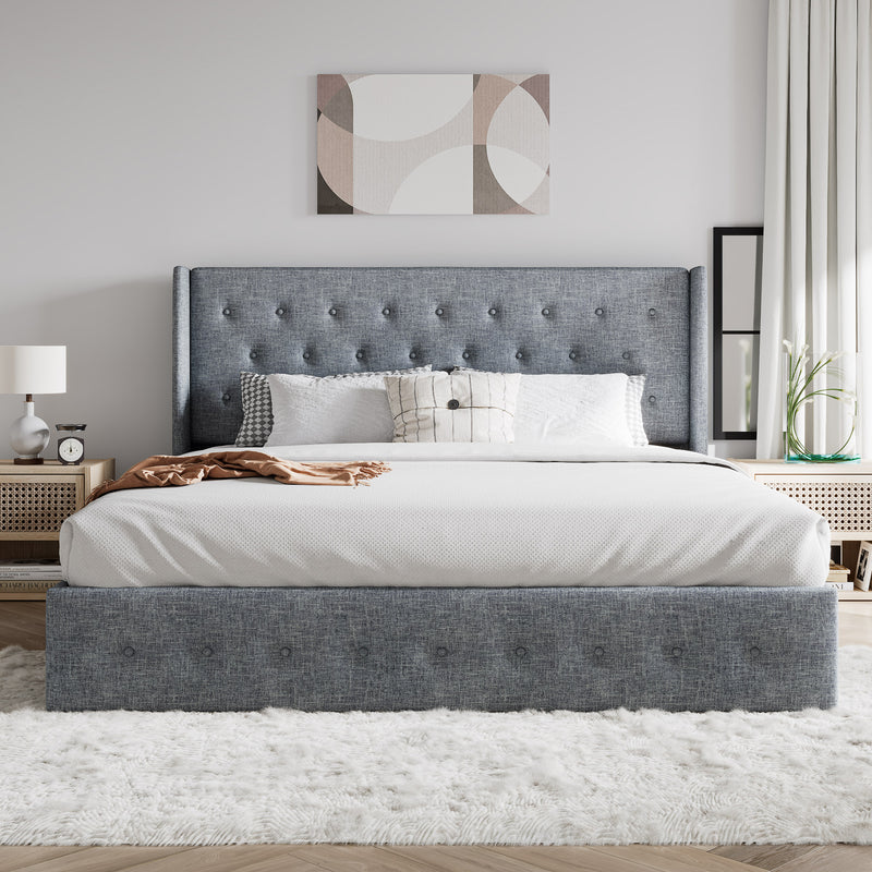 Upholstered Stoage Bed Frame with Lift Up Storage, Wingback Headboard Design