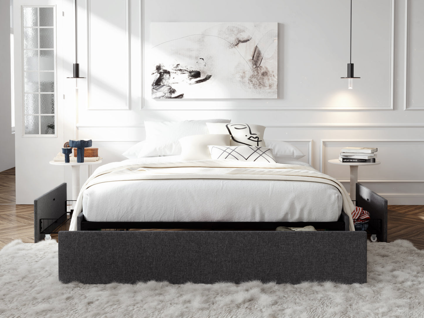 Upholstered Bed Frame with 3 Storage Drawers