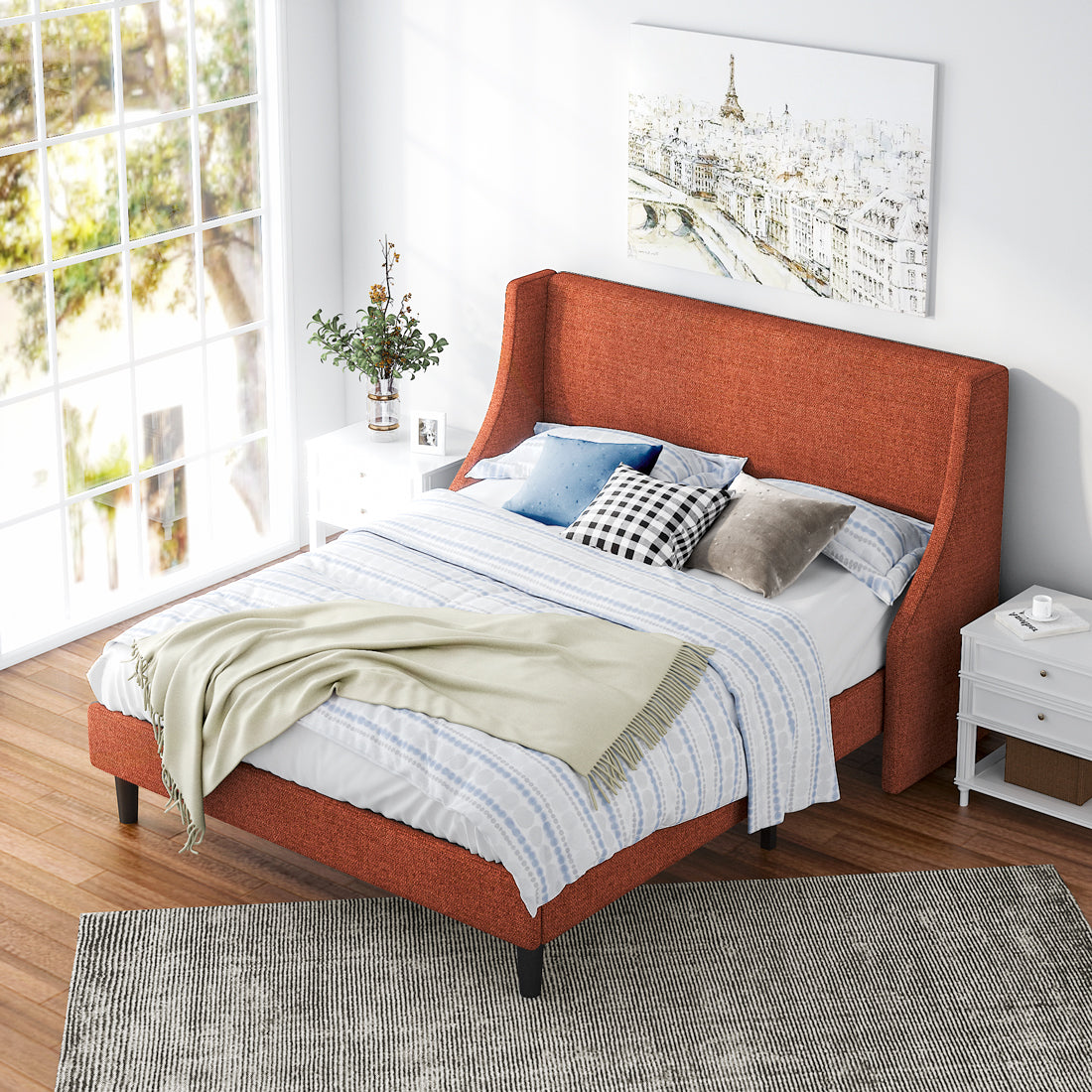 Wingback upholstered bed hot sale