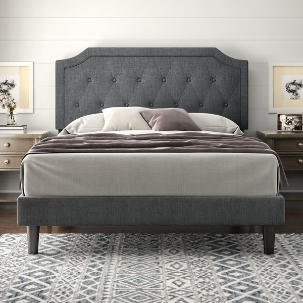 Upholstered Bed, Platform Bed with Curved Rhombic Button Tufted Headboard