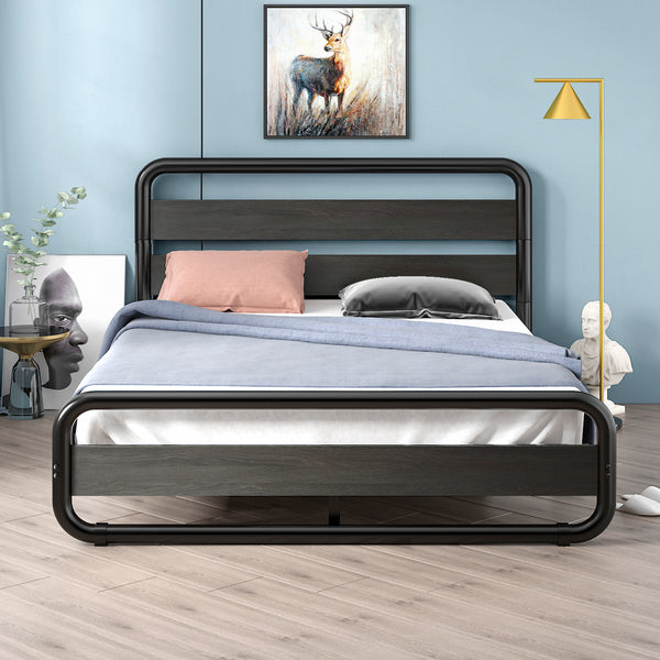 Metal Bed Frame with Wooden Headboard & Footboard,