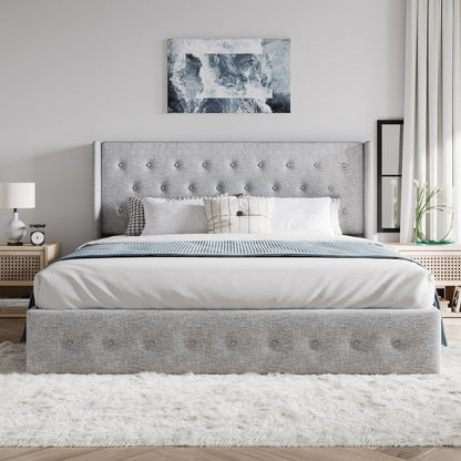 Upholstered Stoage Bed Frame with Lift Up Storage, Wingback Headboard Design