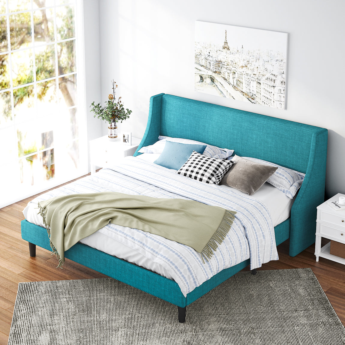 wingback upholstered king bed