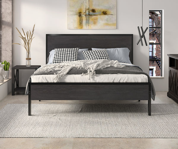 Metal Platform Bed Frame with Wood Headboard and Footboard