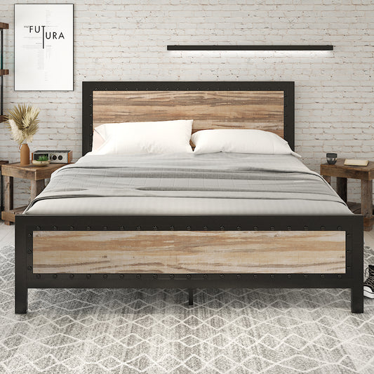 Metal Bed Frame with Rivet Wooden Headboard & Footboard