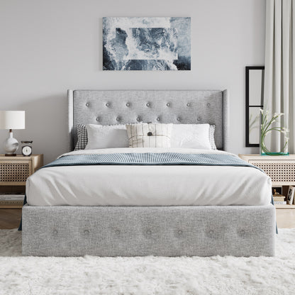 Upholstered Stoage Bed Frame with Lift Up Storage, Wingback Headboard Design