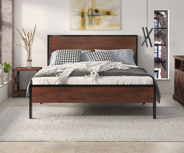 Metal Platform Bed Frame with Wood Headboard and Footboard