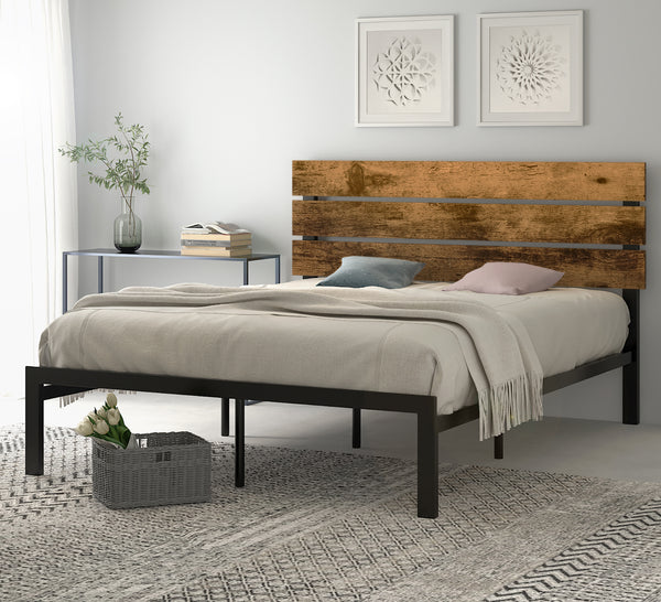 Platform Bed Frame with Wood headboard and Metal Slats / Rustic Country Style Mattress Foundation