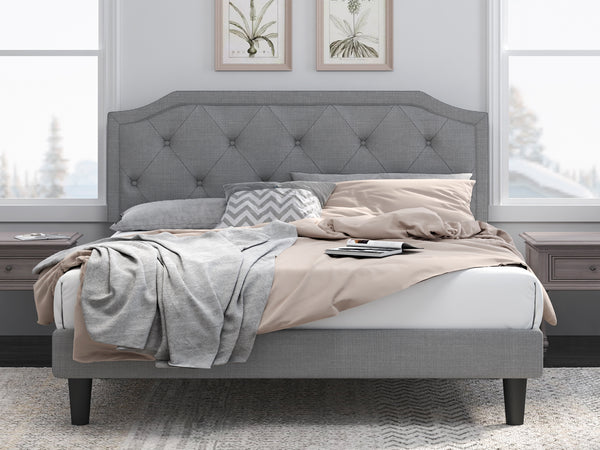 Upholstered Bed, Platform Bed with Curved Rhombic Button Tufted Headboard