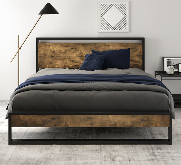 Metal Bed Frame with Wooden Industrial Headboard, Noise Free Design