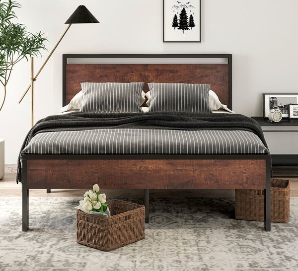 Metal Platform Bed Frame with Wooden Headboard and Footboard