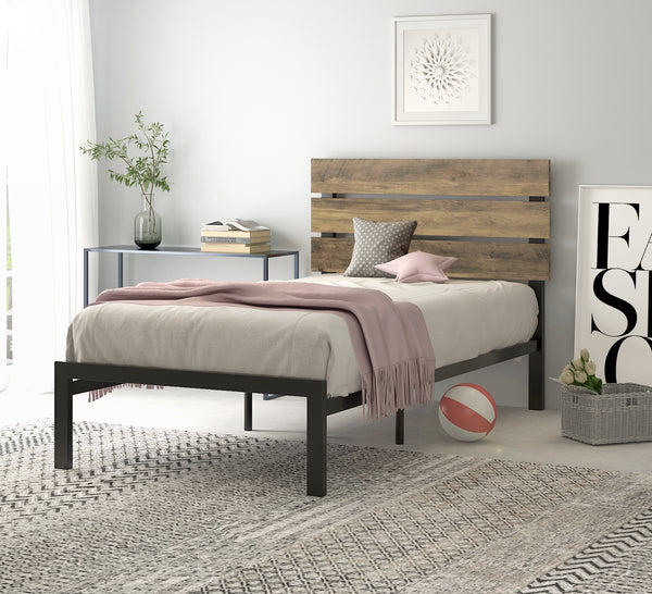 Platform Bed Frame with Wood headboard and Metal Slats / Rustic Country Style Mattress Foundation