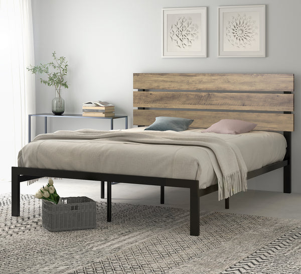 Platform Bed Frame with Wood headboard and Metal Slats / Rustic Country Style Mattress Foundation