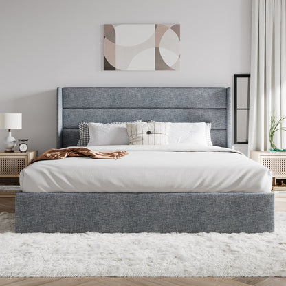 Upholstered Stoage Bed Frame with Lift Up Storage, Wingback Headboard Design