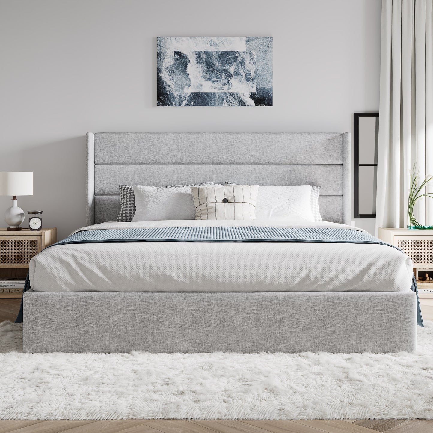 Upholstered Stoage Bed Frame with Lift Up Storage, Wingback Headboard Design