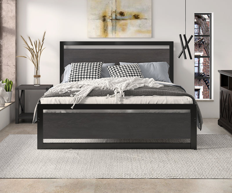 Metal Platform Bed with Modern Wooden Headboard & Footboard