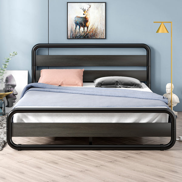 Metal Bed Frame with Wooden Headboard & Footboard,