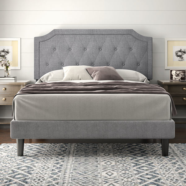 Upholstered Bed, Platform Bed with Curved Rhombic Button Tufted Headboard