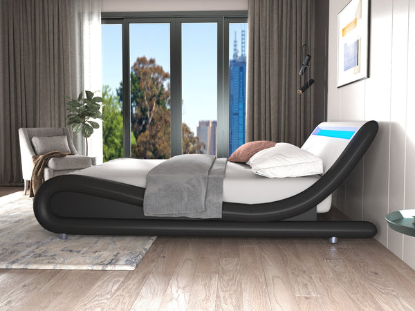 Willsoon odern Curve Double Upholstered Bed Wooden Faux Leather with LED Headboard Soft and One Package for Hoe - Softwood Upholstered Bed, Cofortable PU Leather Bed King Soft Bed Willsoon odern Curve Double Upholstered Bed Wooden Faux Leather with LED Headboard Soft and One Package for Hoe - Softwood Upholstered Bed, Cofortable PU Leather Bed King Soft Bed