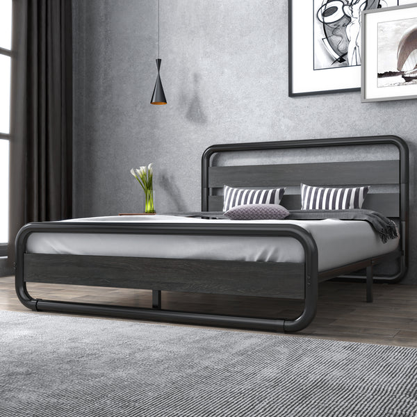 Metal Bed Frame with Wooden Headboard & Footboard,