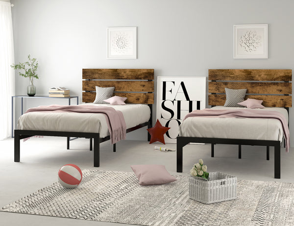 Platform Bed Frame with Wood headboard and Metal Slats / Rustic Country Style Mattress Foundation