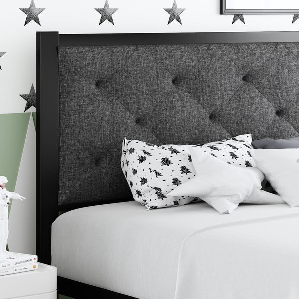 Metal Bed with Headboard, Strong Steel Slats Support