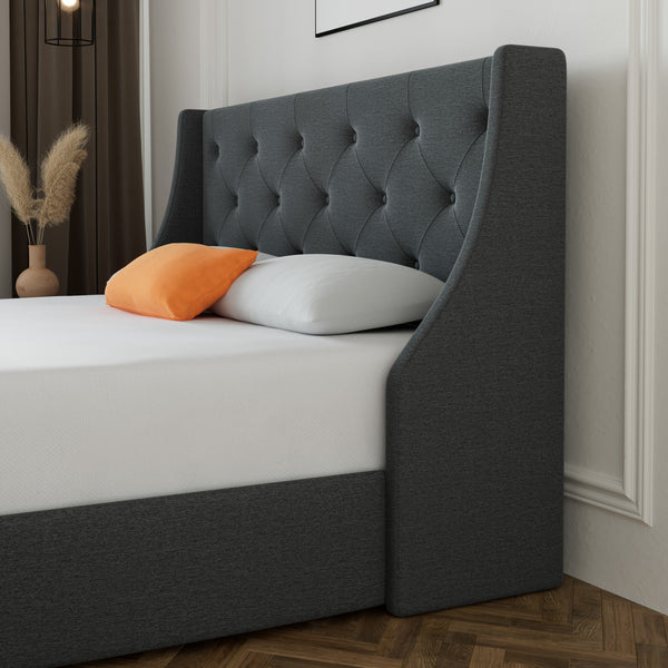 Upholstered Storage Bed with 4 Drawers and Wingback Headboard, Diamond Stitched Button Tufted