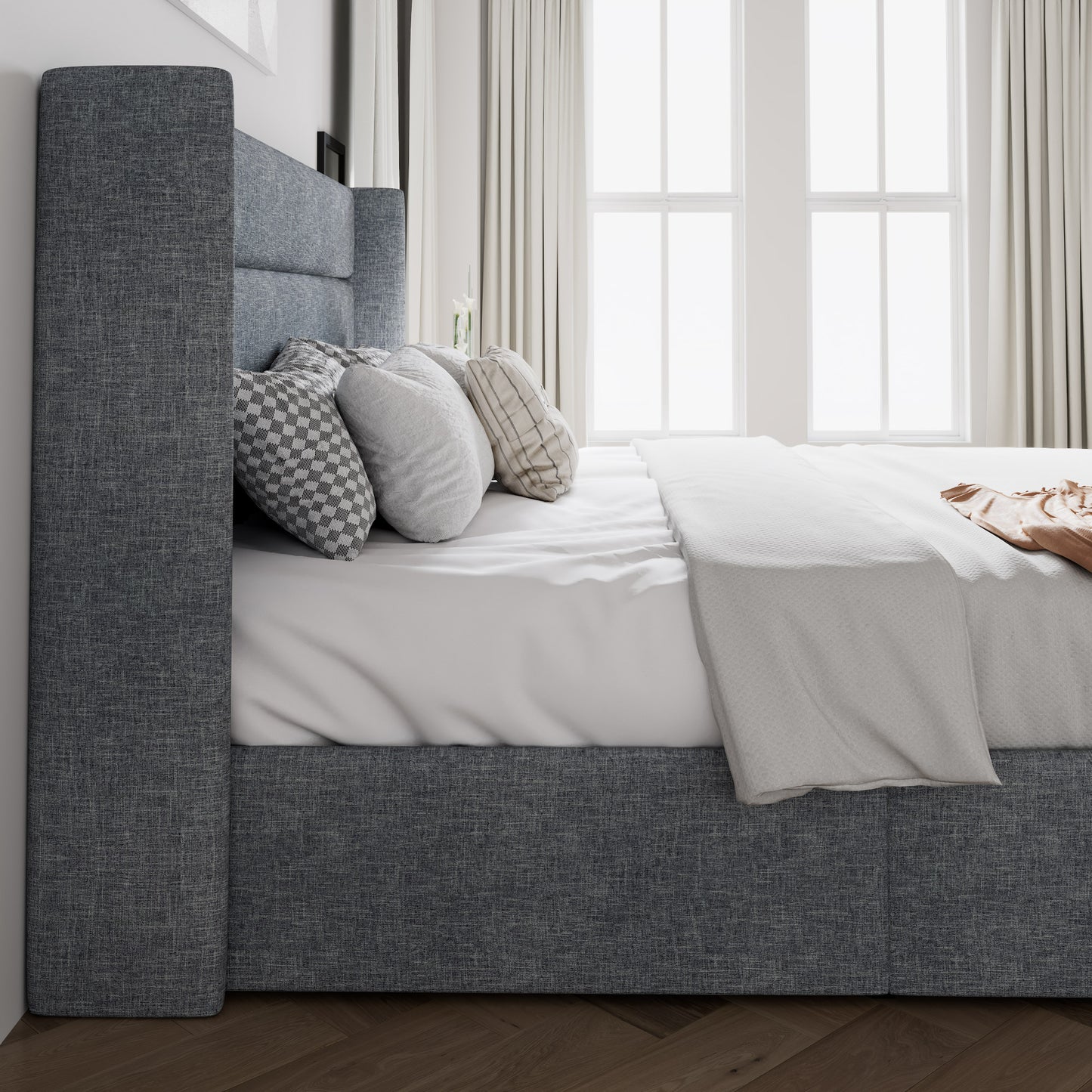 Upholstered Stoage Bed Frame with Lift Up Storage, Wingback Headboard Design