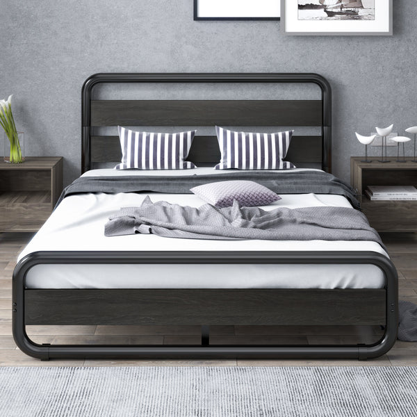 Metal Bed Frame with Wooden Headboard & Footboard,