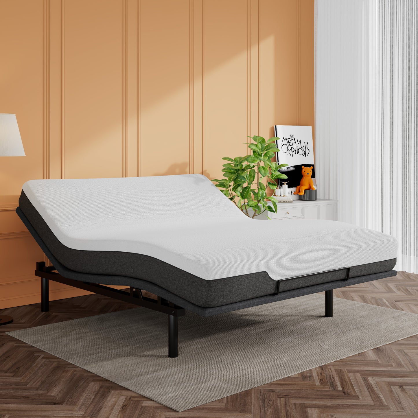 Adjustable Bed Frame with Wireless Remote, Head and Foot Incline, Wood Board Support