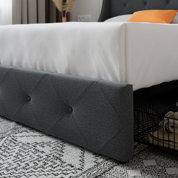 Upholstered Storage Bed with 4 Drawers and Wingback Headboard, Diamond Stitched Button Tufted