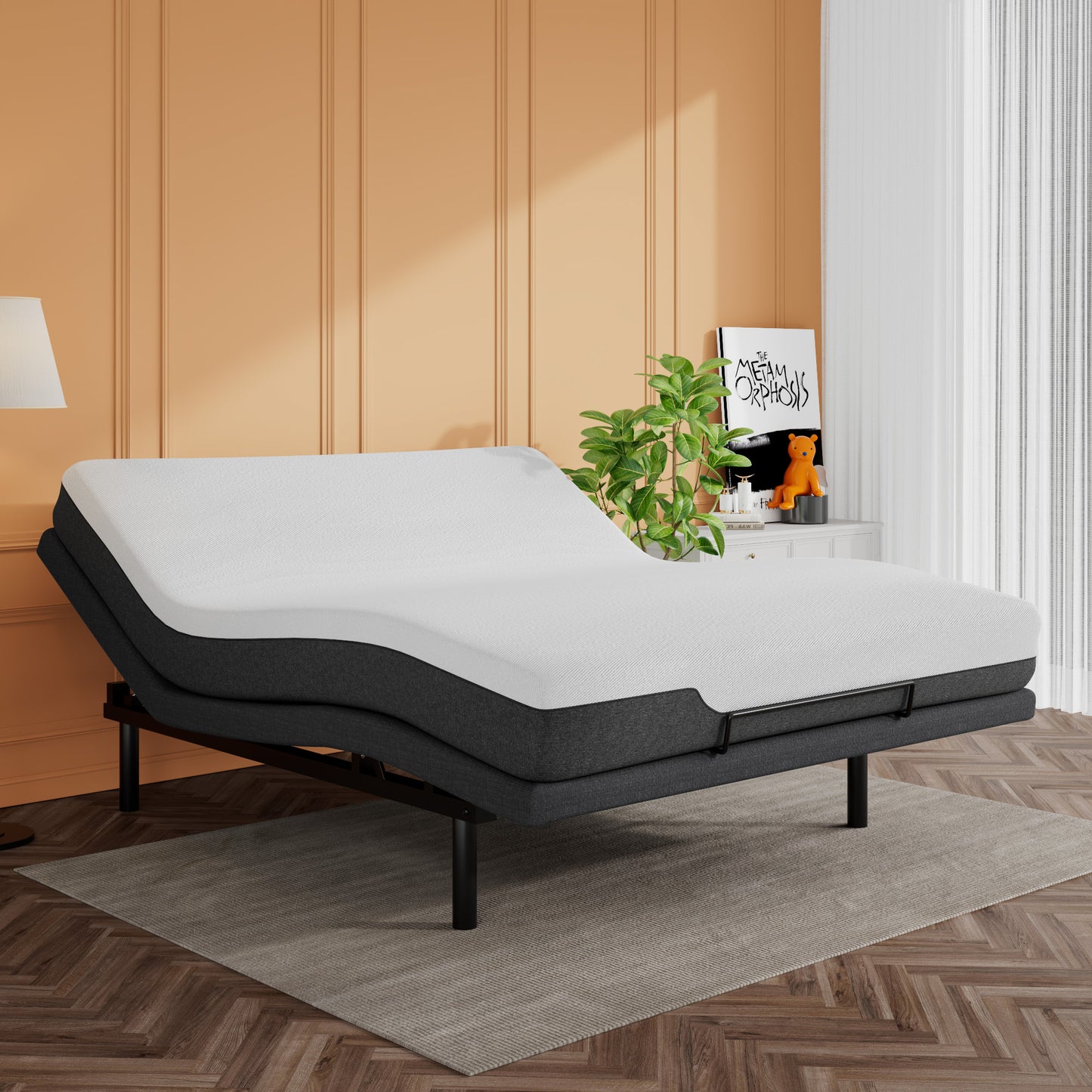 Adjustable Bed Frame with Wireless Remote, Head and Foot Incline, Wood Board Support