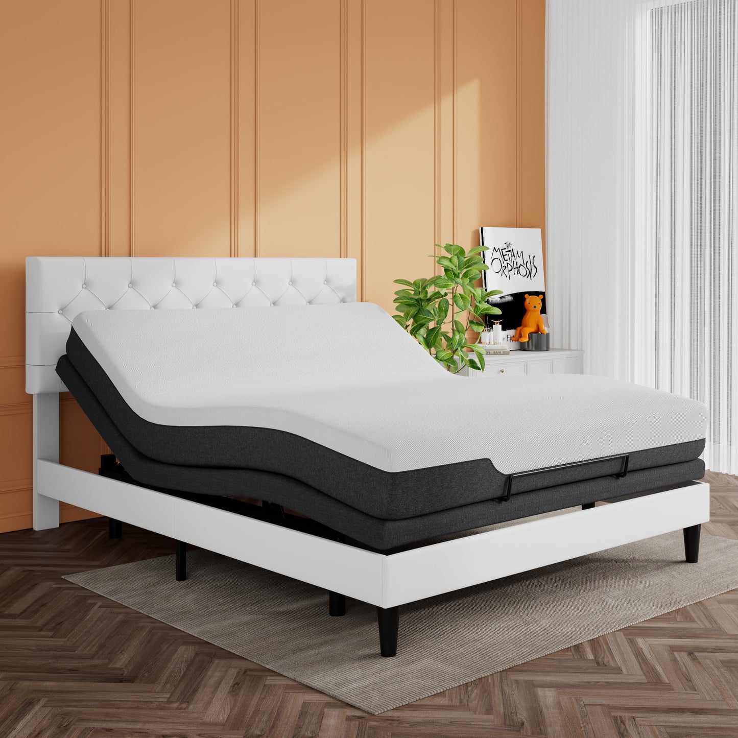 Adjustable Bed Frame with Wireless Remote, Head and Foot Incline, Wood Board Support