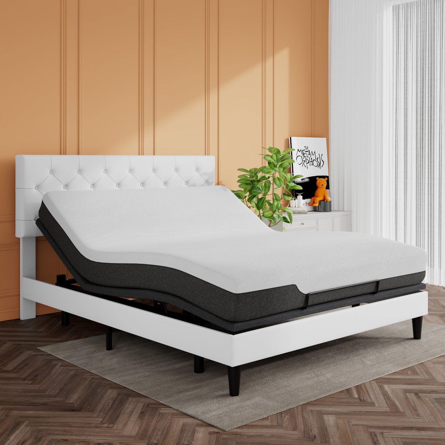 Adjustable Bed Frame with Wireless Remote, Head and Foot Incline, Wood Board Support