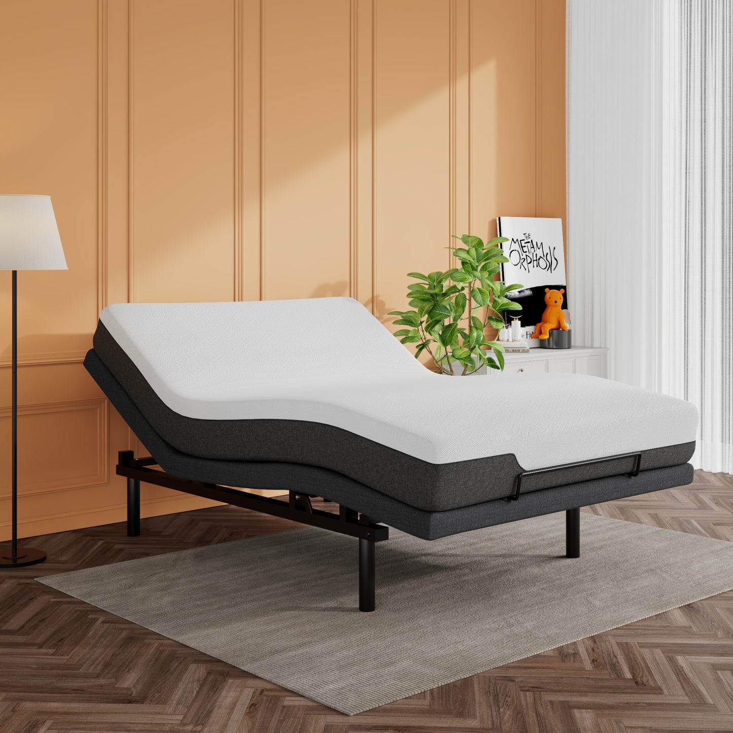 Adjustable Bed Frame with Wireless Remote, Head and Foot Incline, Wood Board Support