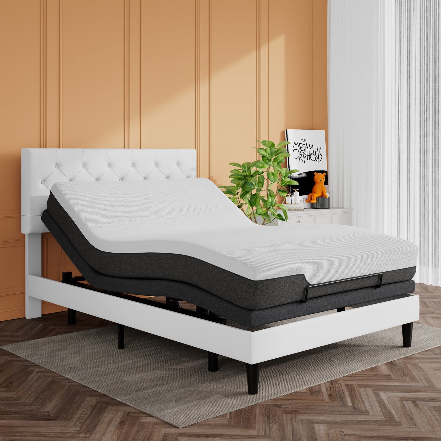 Adjustable Bed Frame with Wireless Remote, Head and Foot Incline, Wood Board Support