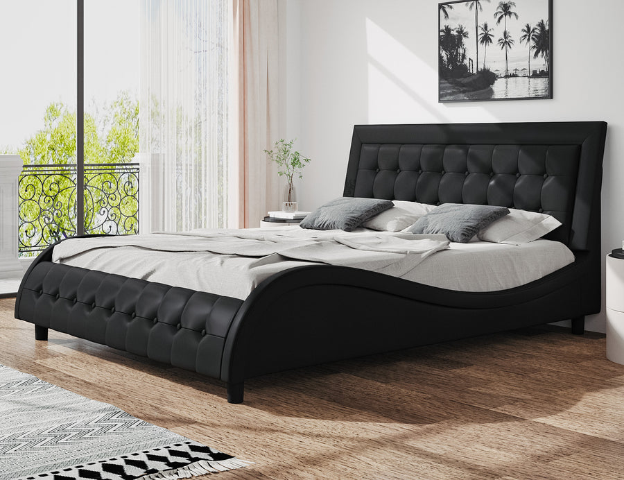 Stylish Upholstered Leather Bed With Foam-Filled Soft Headboard