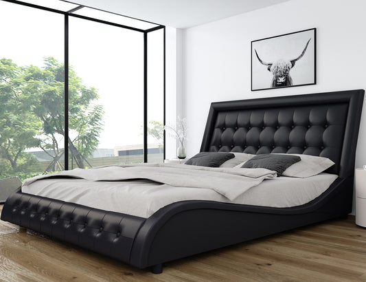 Upholstered Bed Frame with Ergonomic Adjustable Headboard, Faux Leather Upholstered Bed