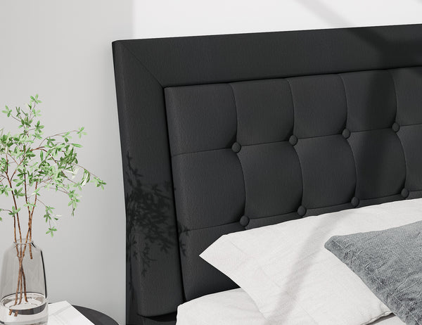 Upholstered Bed Frame with Ergonomic Adjustable Headboard, Faux Leather Upholstered Bed