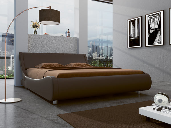 Queen Low Profile Sleigh Bed Frame – Faux Leather Platform With Headboard