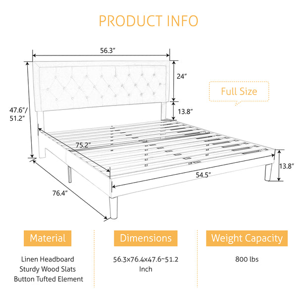 Upholstered Bed Frame with Adjustable Button Tufted Headboard