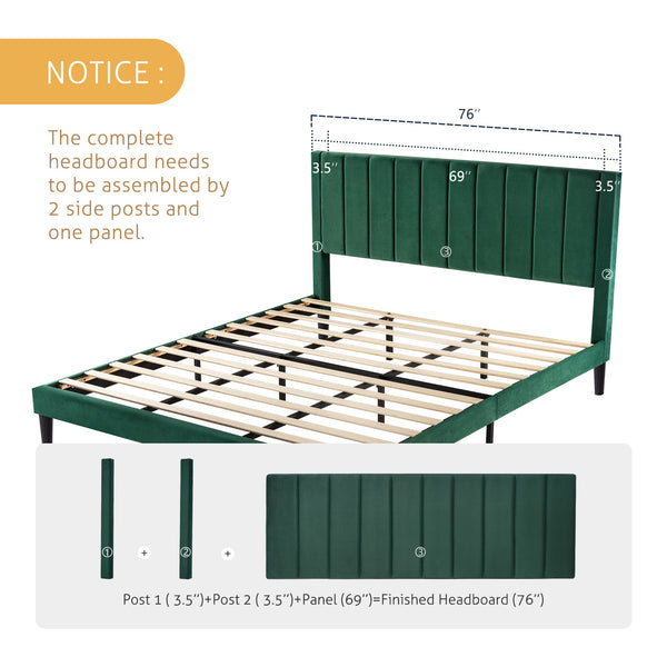 Velvet Bed Frame with Headboard, Strong Wood Slats Support