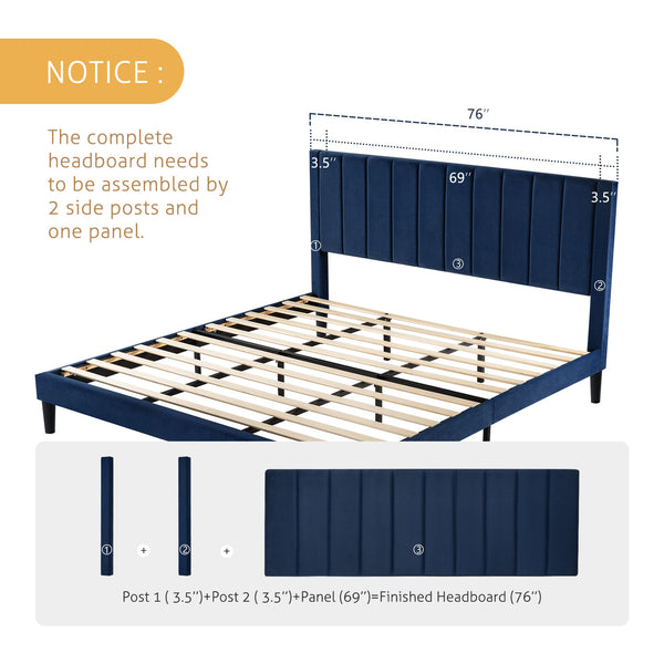 Velvet Bed Frame with Headboard, Strong Wood Slats Support