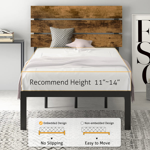 Platform Bed Frame with Wood headboard and Metal Slats / Rustic Country Style Mattress Foundation