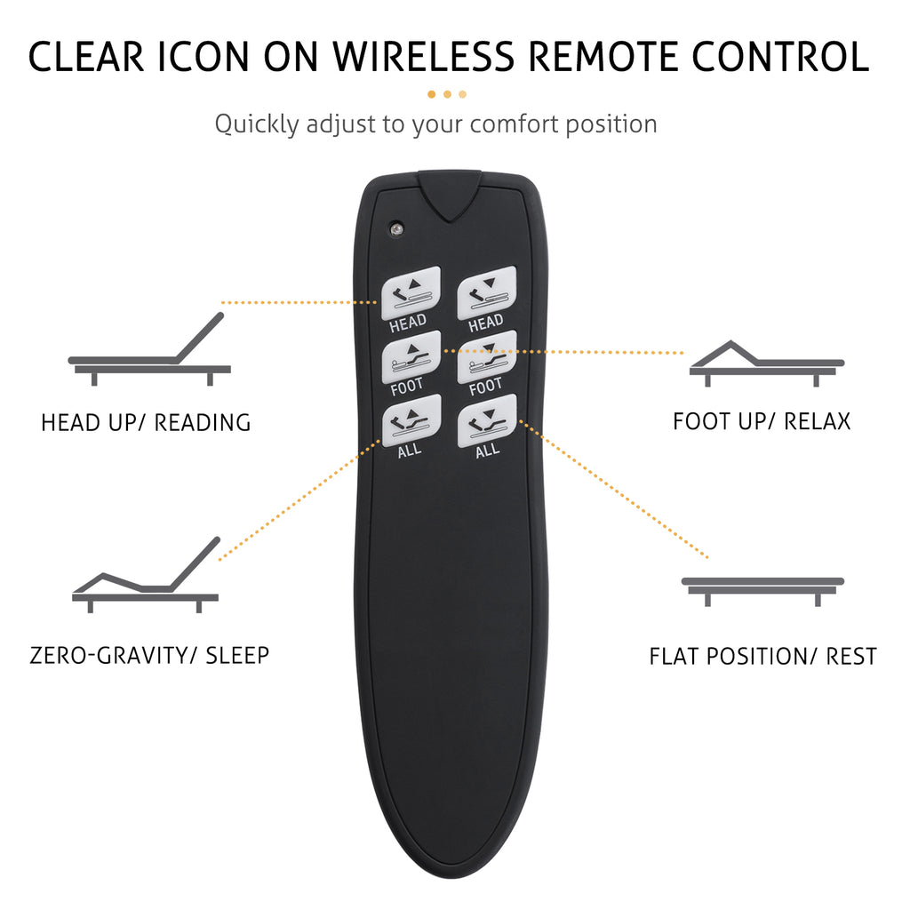 Adjustable Base Support Remote Control Adjustable Bed Frame with Wireless Remote, Head and Foot Incline, Wood